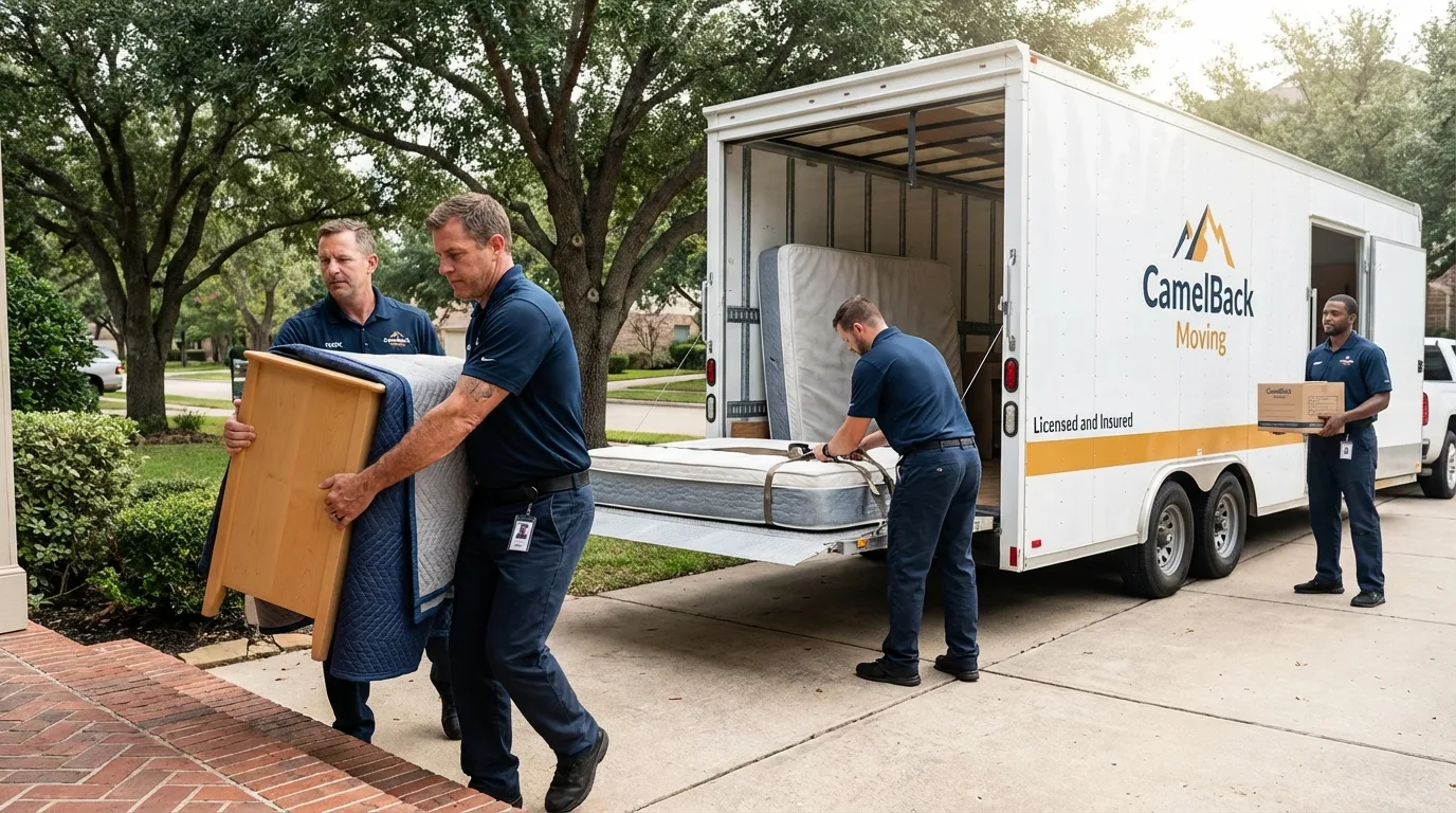 Crew loading residential truck for cross-state move from Cleveland, WI