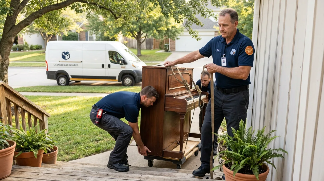 Licensed piano movers securing grand piano in Cleveland, WI