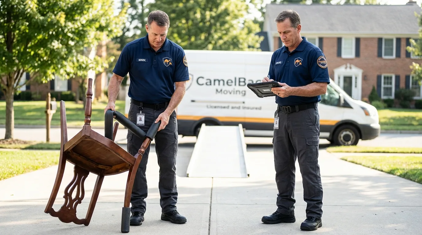 Movers inspecting furniture for damage prevention before loading in Cleveland, WI