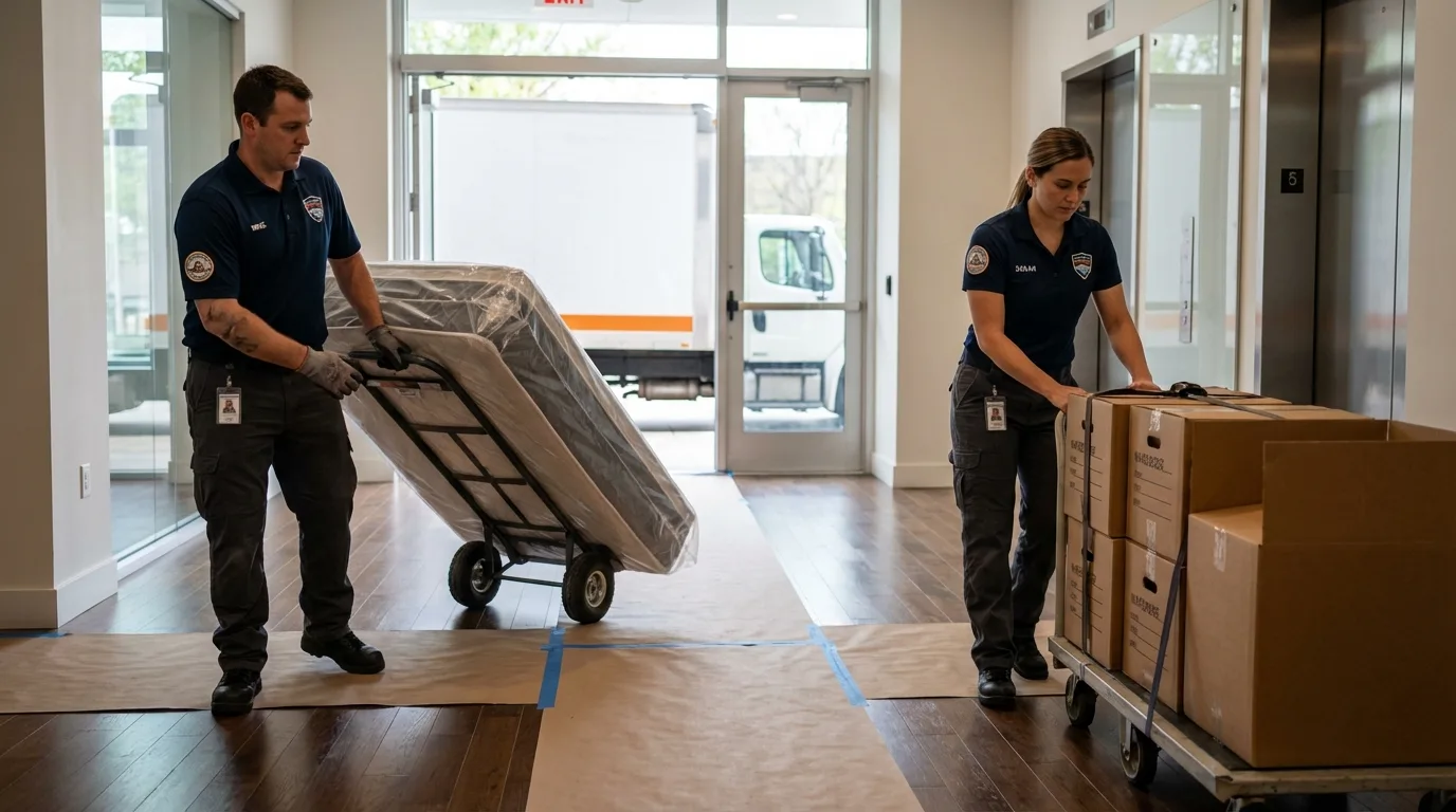 Professional apartment movers loading elevator in Cleveland, WI
